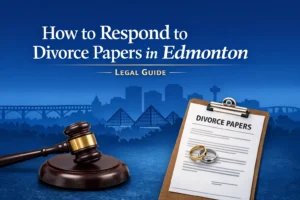Divorce papers on a clipboard with wedding rings and a judge’s gavel, representing a legal guide on how to respond to divorce papers in Edmonton.
