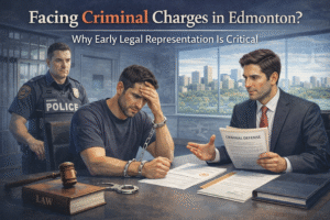 Criiminal Charges in Edomonton illustration showing a handcuffed suspect, criminal defense lawyer, police officer, legal documents, and Edmonton skyline