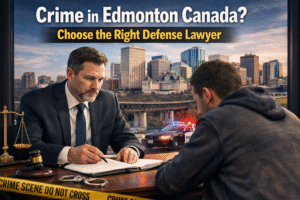 Criminal defense lawyer advising a client in an office with Edmonton skyline, representing crime in Edmonton Canada legal support