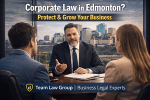 Corporate lawyer advising business clients in Edmonton office about commercial law and business protection strategies