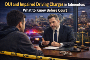 Lawyer advising client on DUI and impaired driving charges in Edmonton before court appearance