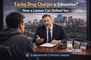 Criminal defense lawyer advising client on drug charges in Edmonton during legal consultation