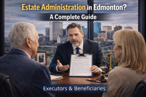 Lawyer guiding clients through estate administration and probate process in Edmonton office