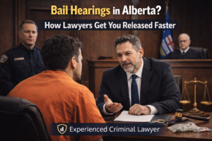 Criminal lawyer representing a client during a bail hearing in Alberta courtroom