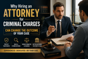 Experienced criminal defense attorney discussing legal strategy for criminal charges with a client in a professional law office.