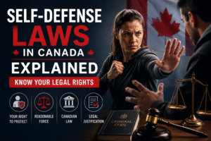 Woman demonstrating self-defense techniques beside legal symbols and the Canadian flag, illustrating Self Defense Laws Canada and legal rights under Canadian criminal law.