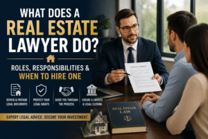 Real estate lawyer reviewing property documents with clients, explaining legal responsibilities and protecting buyers and sellers during a real estate transaction.