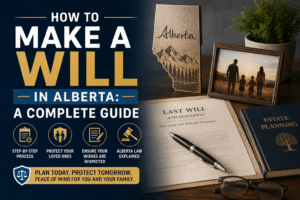 Person signing a last will and testament with legal documents and estate planning materials, illustrating how to make a will in Alberta.