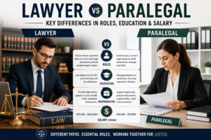 Lawyer vs Paralegal comparison showing a lawyer and a paralegal reviewing legal documents, highlighting differences in roles, education, responsibilities, and salary in the legal profession.