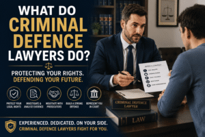 Criminal defence lawyer consulting with a client, reviewing legal strategy and evidence to explain what criminal defence lawyers do and how they protect clients' rights in court.
